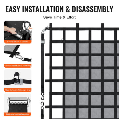 Cargo Net, 72 in x 57 in, Heavy Duty Truck Cargo Net for Truck Bed, 4 Adjustable Straps with Carabiners & S-Hooks, Wear-resistant & Weather-proof, Suitable for Pickup, Truck, Jeep, SUV, Boat