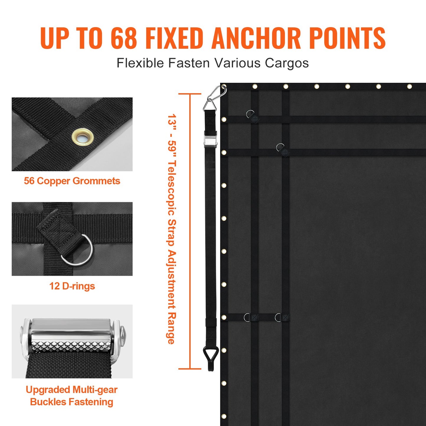 Cargo Net, 120 in x 105 in, Heavy Duty Truck Cargo Net for Truck Bed, 4 Adjustable Straps with Carabiners and Rubber Coated Hooks, Durable, Suitable for Pickup, Jeep, Truck, SUV, Boat (Black)