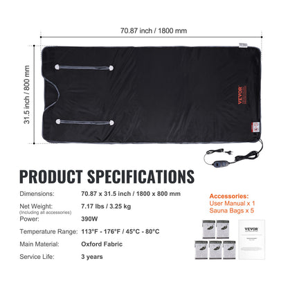 Sauna Blanket Far Infrared Heating with Arm Holes for Detox Oxford 180 x 79 cm