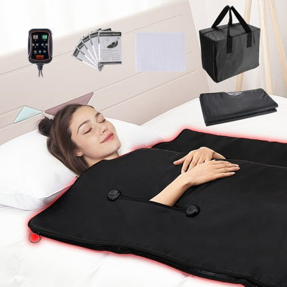 Sauna Blanket for Detoxification, Portable Far Infrared Sauna for Home with Arm Holes for Comfort, 1-6 Level Adjustable Temprature Rannge 35-85°C, 1-60 Minutes Timer, Carbon Fiber Heating