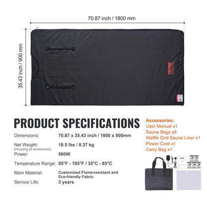 Sauna Blanket for Detoxification, Portable Far Infrared Sauna for Home with Arm Holes for Comfort, 1-6 Level Adjustable Temprature Rannge 35-85°C, 1-60 Minutes Timer, Carbon Fiber Heating