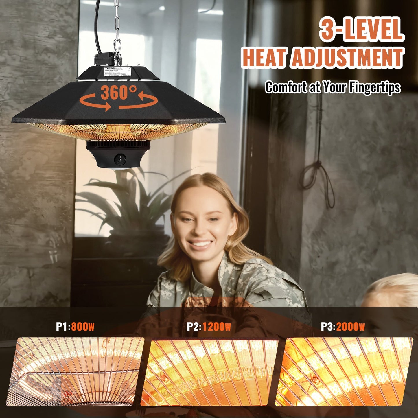Hanging Patio Heater, 2000W Remote Control Outdoor/Indoor Electric Space Infrared Heater, IP34 Protection Ceiling Heater w/ Pull Cord & Adjustable Chain, for Porch,Patio,Dining Room,Studio