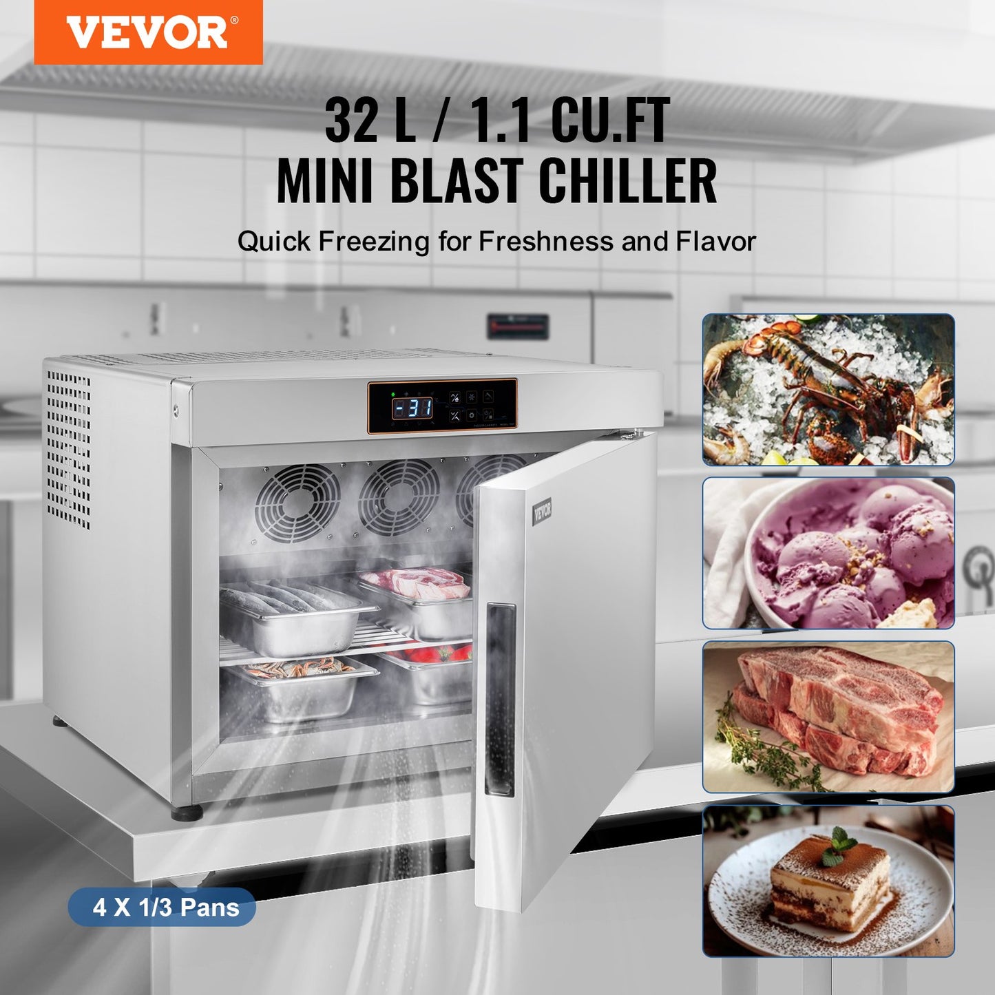 Commercial Blast Freezer, 32 L / 1.1 Cu.ft Blast Chiller with 4 1/3 Trays, Blast Chiller Freezer Chest with Cooling & Freezing Modes, Stainless Steel Food Blast Freezer for Restaurant, Seafood