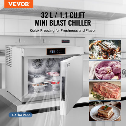 Commercial Blast Freezer, 32 L / 1.1 Cu.ft Blast Chiller with 4 1/3 Trays, Blast Chiller Freezer Chest with Cooling & Freezing Modes, Stainless Steel Food Blast Freezer for Restaurant, Seafood