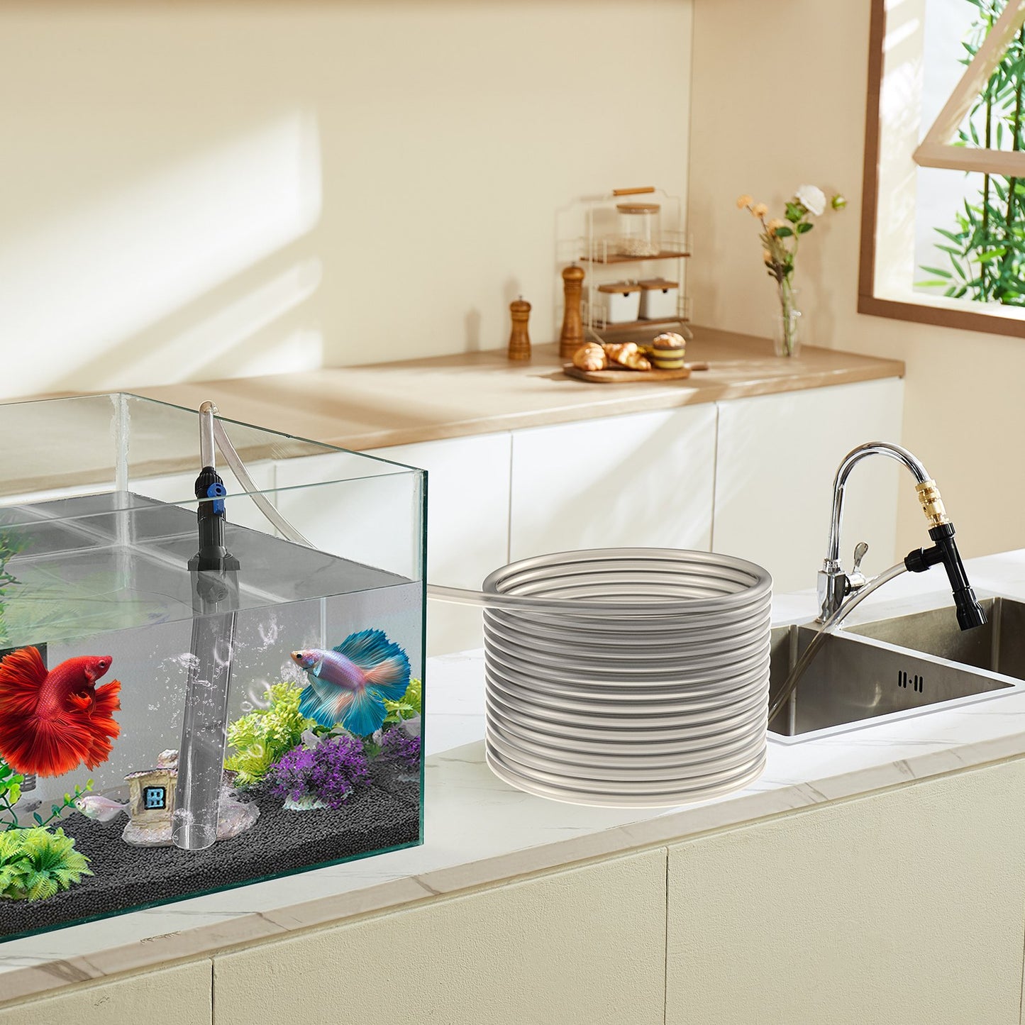 Akvariumdammsugare för grus, 30 fot PVC-slang för akvariumdammsugare för grus, sifondammsugare för akvarium, 3 typer av mässingsadaptrar, för rengöring av grus och sand för akvarium