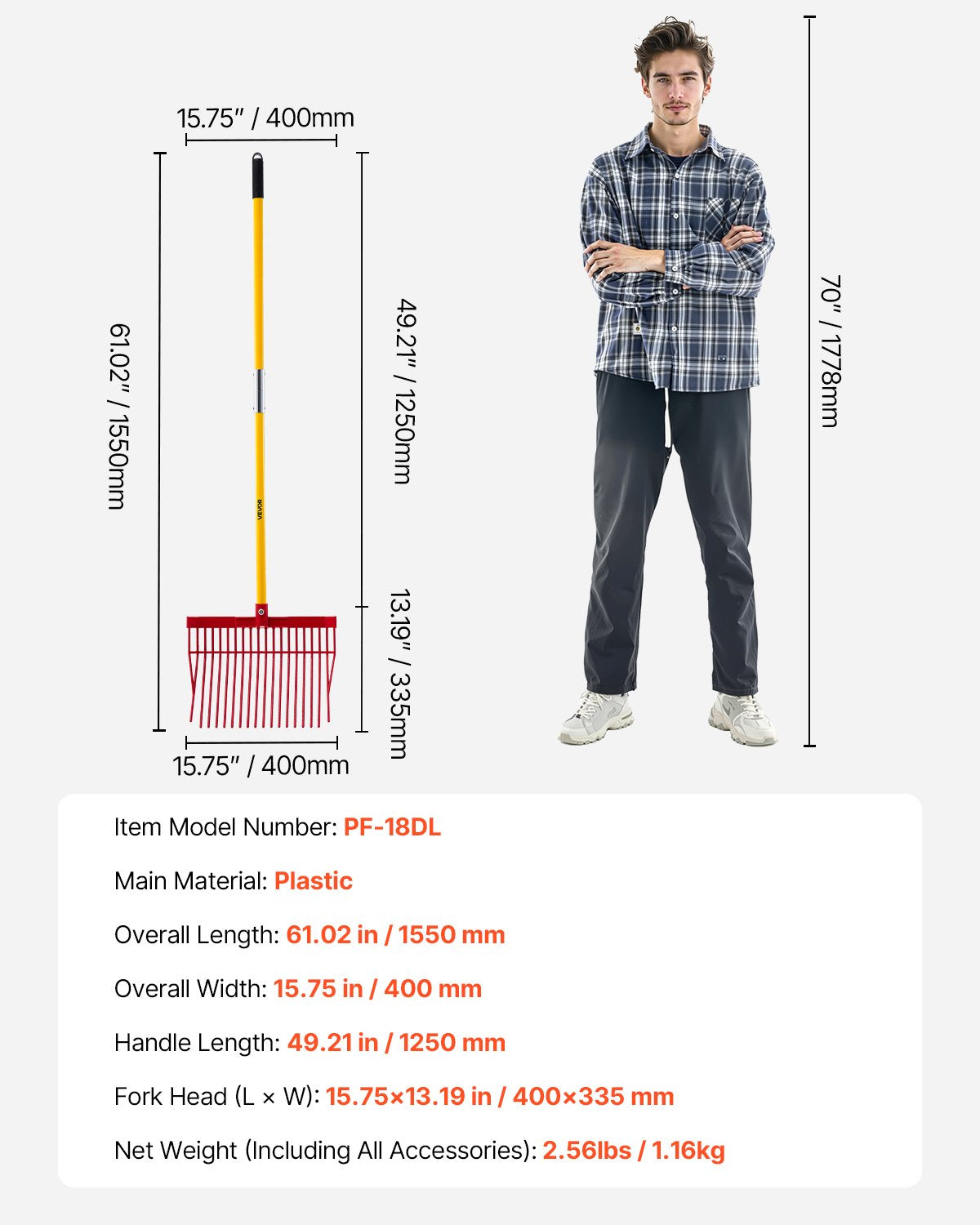 Manure Fork, 18 Angled Tines, Horse Manure Rake with Long Fiberglass Handle, 61 in Durable Plastic Pitchfork Muck Rake Tool for Gardening Horse Stall Stable Grass Hay Cleaning Farm Work