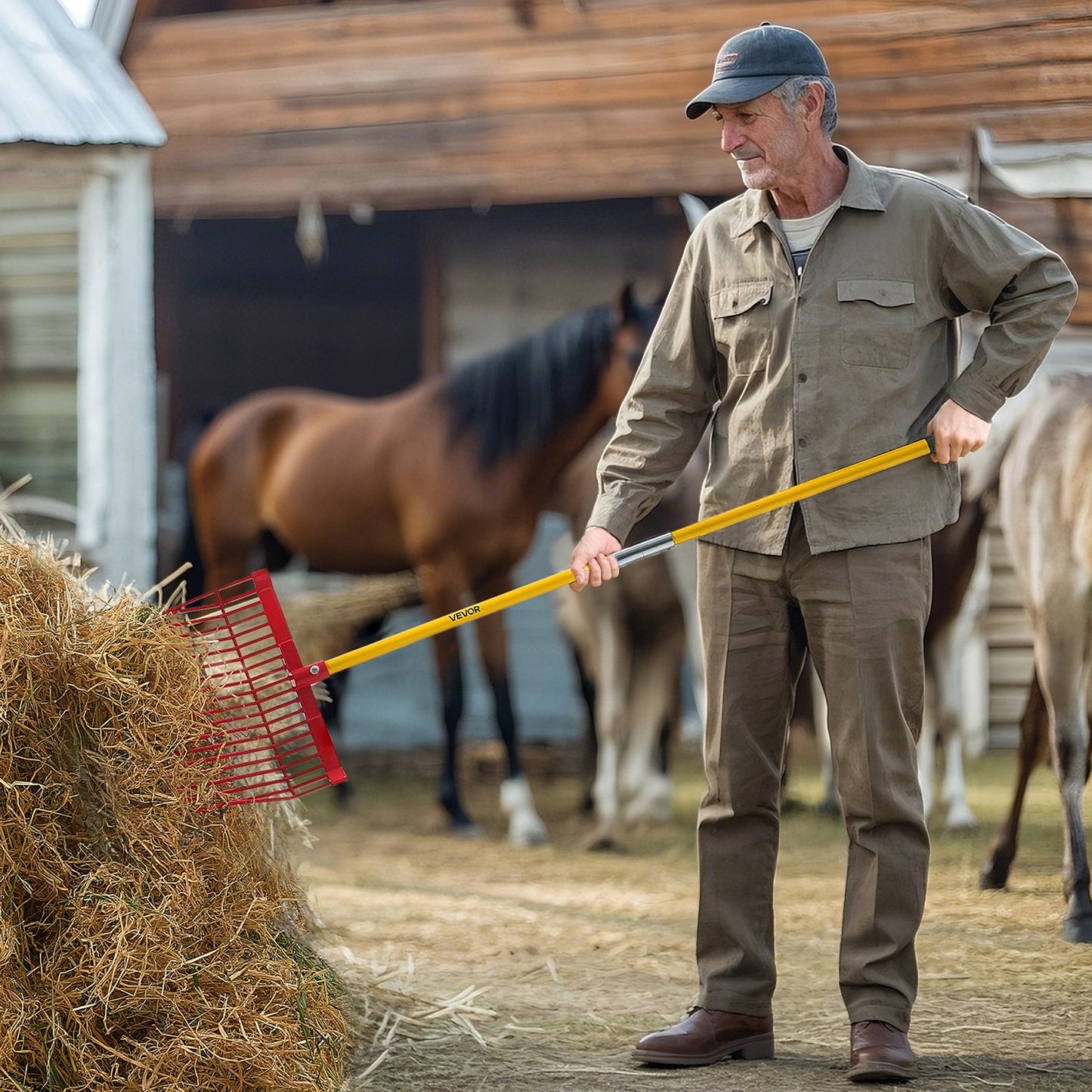 Manure Fork, 18 Angled Tines, Horse Manure Rake with Long Fiberglass Handle, 61 in Durable Plastic Pitchfork Muck Rake Tool for Gardening Horse Stall Stable Grass Hay Cleaning Farm Work