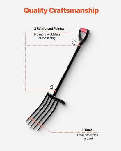 Garden Fork, 5-Tine Gardening Pitchfork with Metal Handle, 41 in Heavy Duty Digging Fork with Y Grip, Forged Steel Spading Fork for Hay Potato Composting Transplanting Aeration