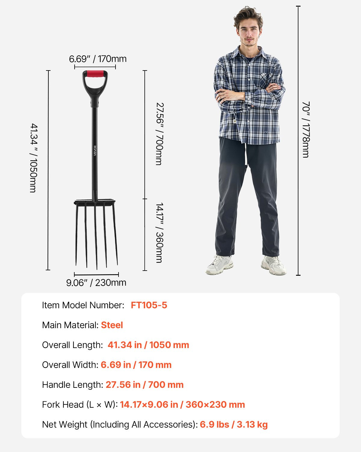 Garden Fork, 5-Tine Gardening Pitchfork with Metal Handle, 41 in Heavy Duty Digging Fork with Y Grip, Forged Steel Spading Fork for Hay Potato Composting Transplanting Aeration