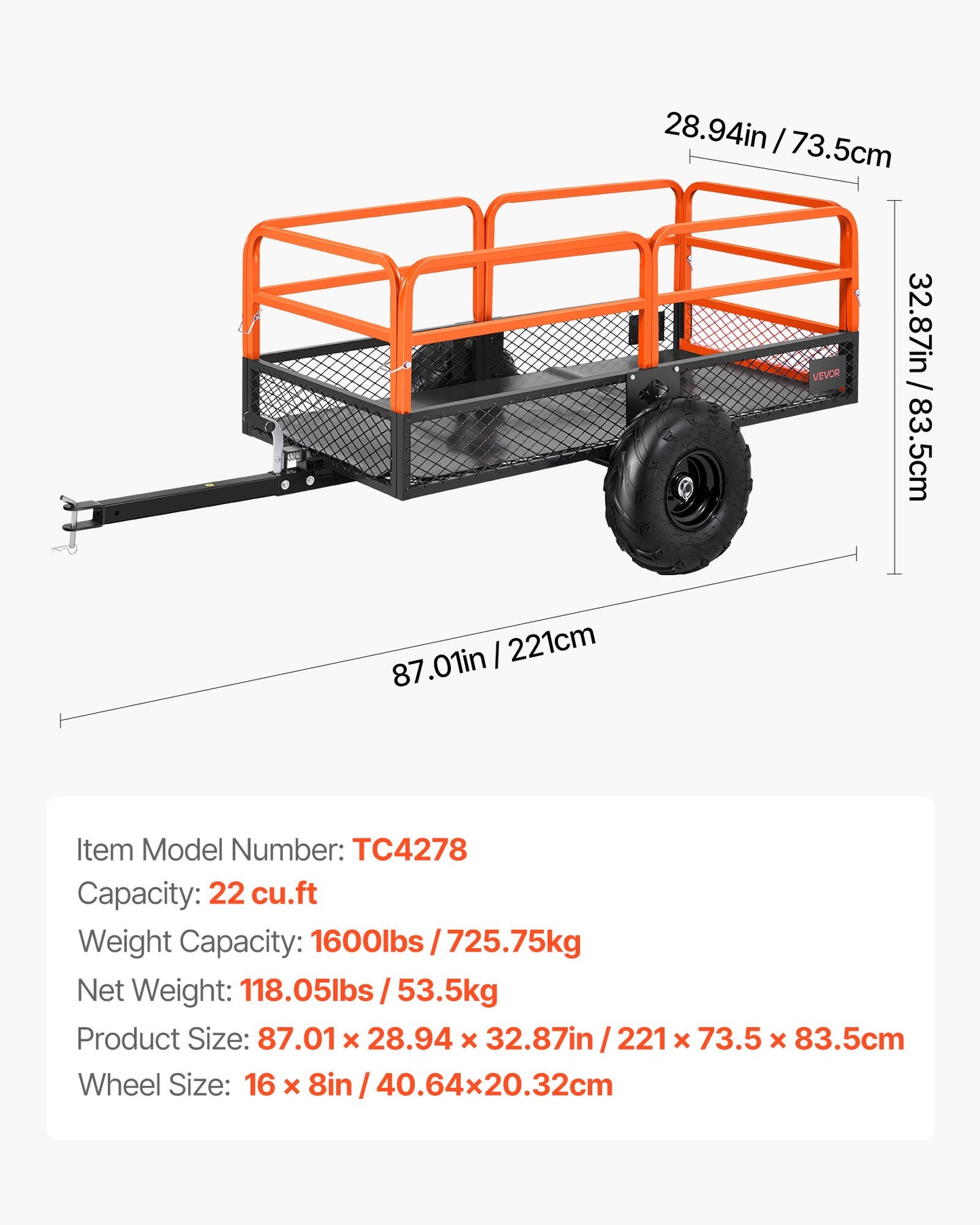 Garden Utility Trailer, 22 Cu. Ft. & 725 kg, ATV UTV Trailer, Tow Behind Steel Dump Trailers, Removable Rear Panel, Heavy Duty Pull Behind Yard Trailers for Lawn Mower Tractor Garden Waste