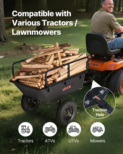 Trädgårdsvagn, 10 kubikfot 227 kg, ATV UTV-transportvagn, bogserad bakom plasttippvagn med 16-tumsdäck, handdrag eller fotpedal, kraftiga trädgårdsvagnar för gräsklippare, traktorer, trädgårdsavfall