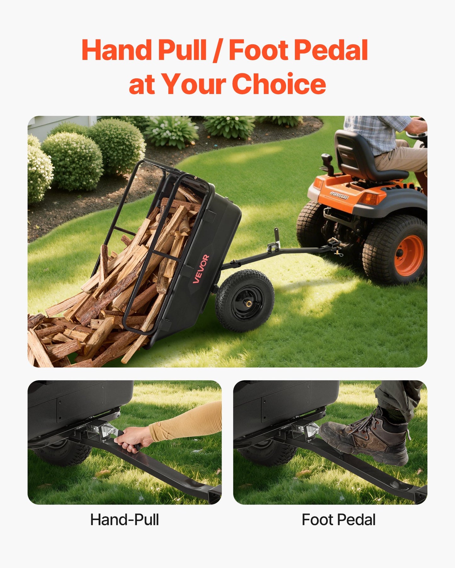 Trädgårdsvagn, 10 kubikfot 227 kg, ATV UTV-transportvagn, bogserad bakom plasttippvagn med 16-tumsdäck, handdrag eller fotpedal, kraftiga trädgårdsvagnar för gräsklippare, traktorer, trädgårdsavfall