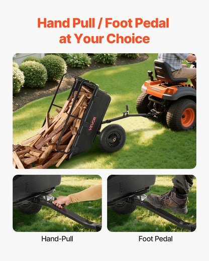 Trädgårdsvagn, 10 kubikfot 227 kg, ATV UTV-transportvagn, bogserad bakom plasttippvagn med 16-tumsdäck, handdrag eller fotpedal, kraftiga trädgårdsvagnar för gräsklippare, traktorer, trädgårdsavfall