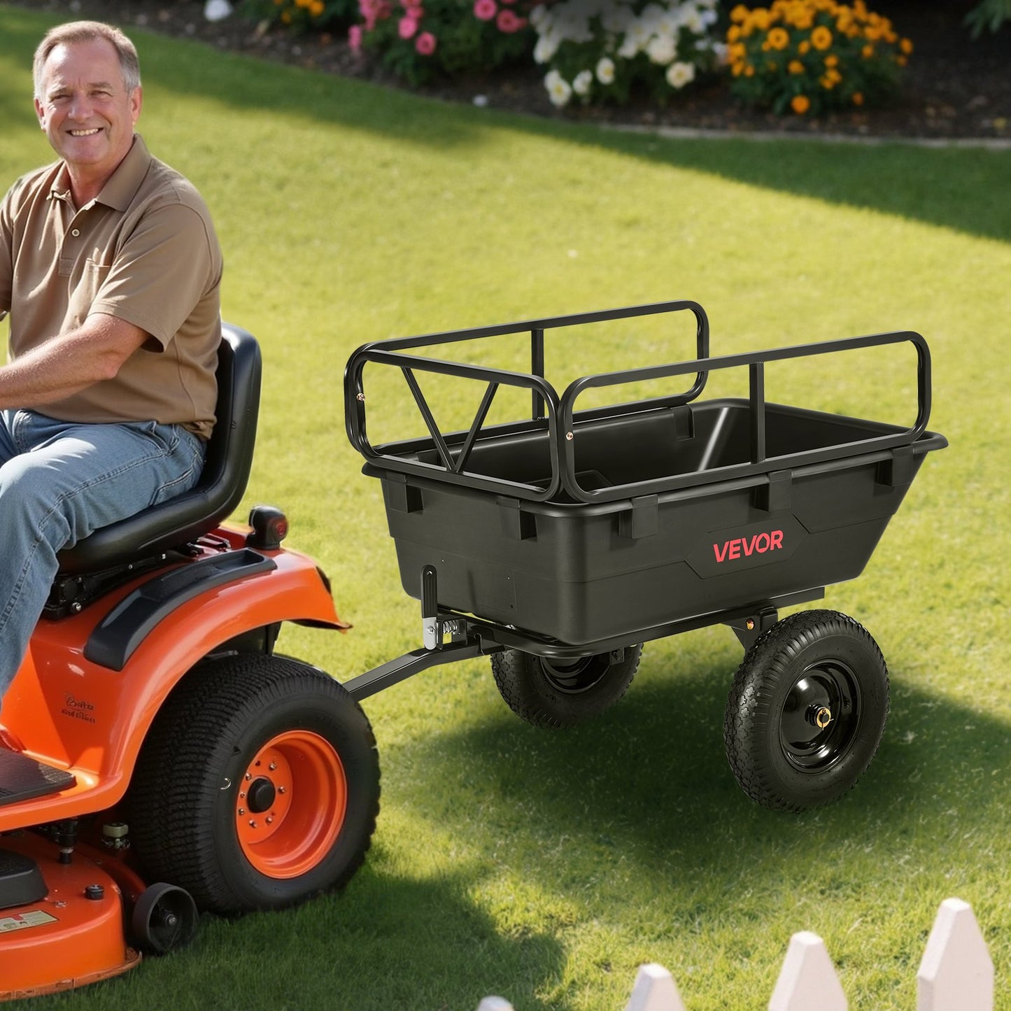 Trädgårdsvagn, 10 kubikfot 227 kg, ATV UTV-transportvagn, bogserad bakom plasttippvagn med 16-tumsdäck, handdrag eller fotpedal, kraftiga trädgårdsvagnar för gräsklippare, traktorer, trädgårdsavfall