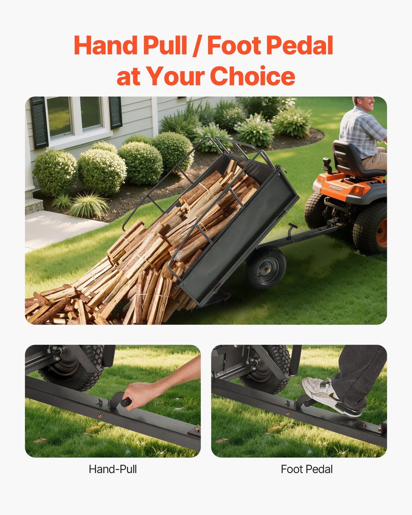 Trädgårdsvagn, 17 kubikfot och 272 kg kapacitet, ATV UTV-transportvagn, bogserad bakom ståltippvagn med 16-tumsdäck, handdrag eller fotpedal, kraftiga trädgårdsvagnar för gräsklippare och traktor