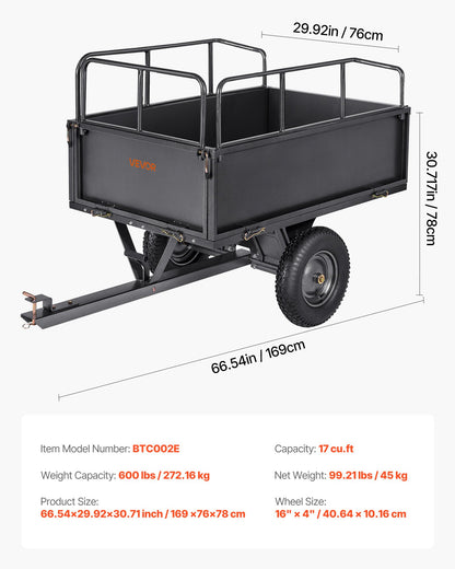 Trädgårdsvagn, 17 kubikfot och 272 kg kapacitet, ATV UTV-transportvagn, bogserad bakom ståltippvagn med 16-tumsdäck, handdrag eller fotpedal, kraftiga trädgårdsvagnar för gräsklippare och traktor