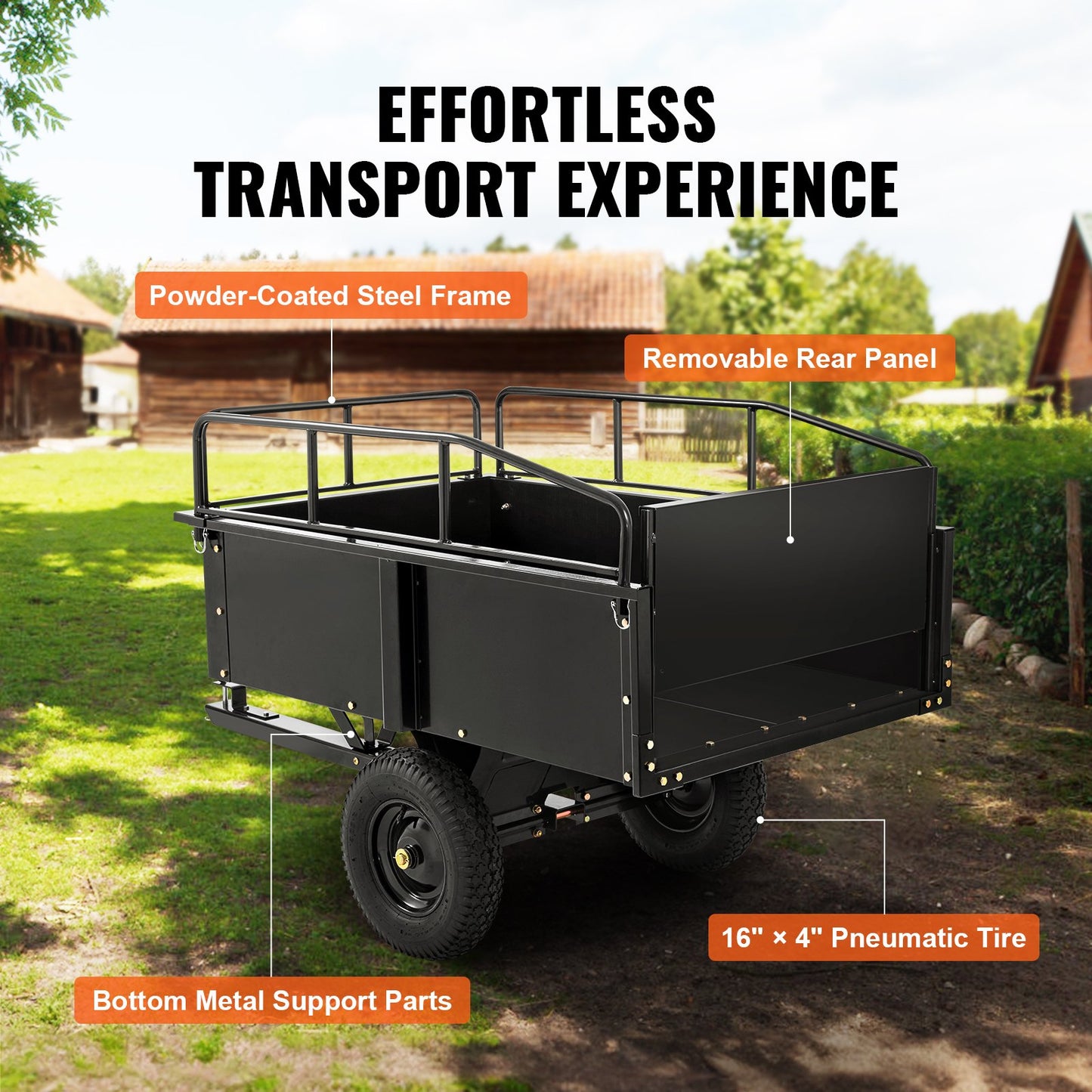Heavy Duty ATV Trailer Steel Dump Cart, 340 kg 0.43 Cubic Meter, Garden Utility Trailer with Removable Sides for Riding Lawn Mower Tractor