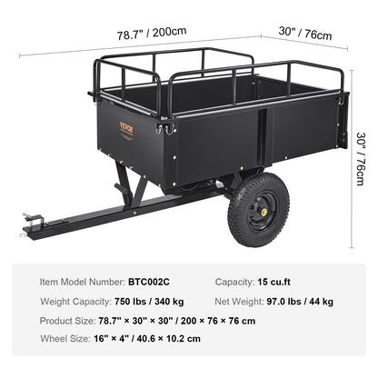 Heavy Duty ATV Trailer Steel Dump Cart, 340 kg 0.43 Cubic Meter, Garden Utility Trailer with Removable Sides for Riding Lawn Mower Tractor