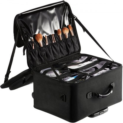 Rolling Makeup Train Case Large Storage 3 Tiers, Convenient Carry With Handle, Wheels, Strap, Professional Makeup Storage Organizer Box Make Up Carrier Waterproof Oxford, Black