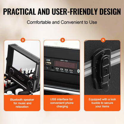 Professional Makeup Train Case Aluminum Cosmetic Case, Workbench With Supporting Legs, Rolling Makeup Case Extra Large Trolley Makeup Travel Organizer, with 360° Swivel Wheels, Black