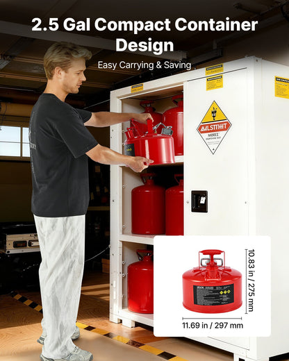 Safety Gas Can, 9.5 L Type II Red Safety Can for Gasoline with Stainless Steel Flame Arrester, Self-Closing Lid, and Flexible Metal Spout, Carbon Steel Flammable Storage with Ergonomic Handle