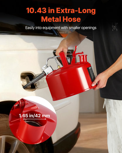 Safety Gas Can, 9.5 L Type II Red Safety Can for Gasoline with Stainless Steel Flame Arrester, Self-Closing Lid, and Flexible Metal Spout, Carbon Steel Flammable Storage with Ergonomic Handle