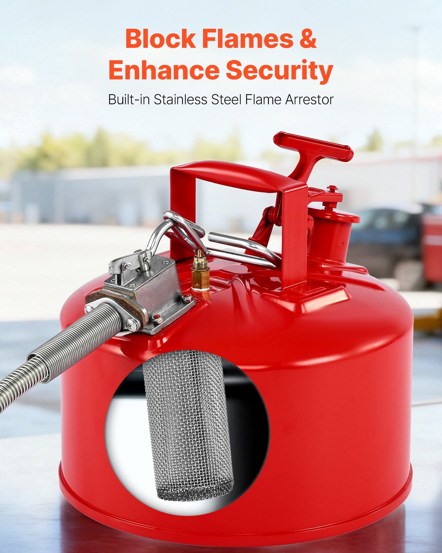 Safety Gas Can, 9.5 L Type II Red Safety Can for Gasoline with Stainless Steel Flame Arrester, Self-Closing Lid, and Flexible Metal Spout, Carbon Steel Flammable Storage with Ergonomic Handle