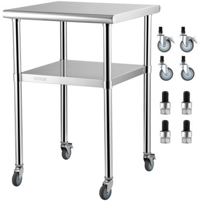 Stainless Steel Prep Table, 61 x 61 x 91 cm, 272 kg Load Capacity Heavy Duty Metal Worktable with Adjustable Undershelf & Universal Wheels, Commercial Workstation for Kitchen Garage Backyard