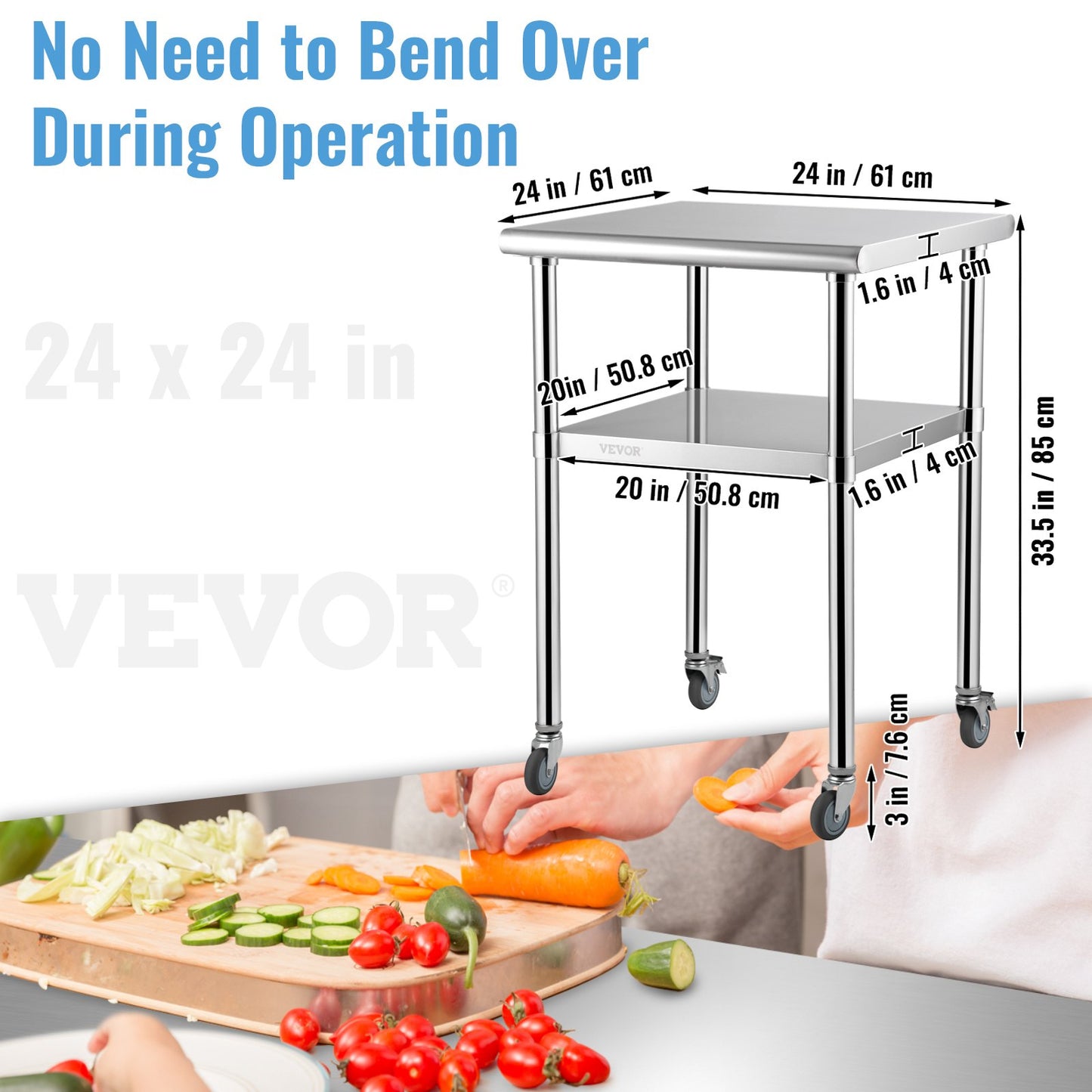 Stainless Steel Prep Table, 61 x 61 x 91 cm, 272 kg Load Capacity Heavy Duty Metal Worktable with Adjustable Undershelf & Universal Wheels, Commercial Workstation for Kitchen Garage Backyard