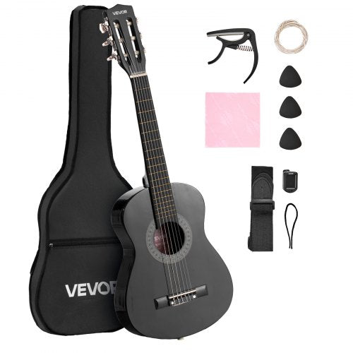 Klassisk gitarr, 780 mm, startkit för klassisk gitarr i trä för nybörjare, med nylonsträngar, gigbag, rem, stämapparat, extra strängar, plektrum, capo, linsträ, för barn flickor pojkar studenter, svart