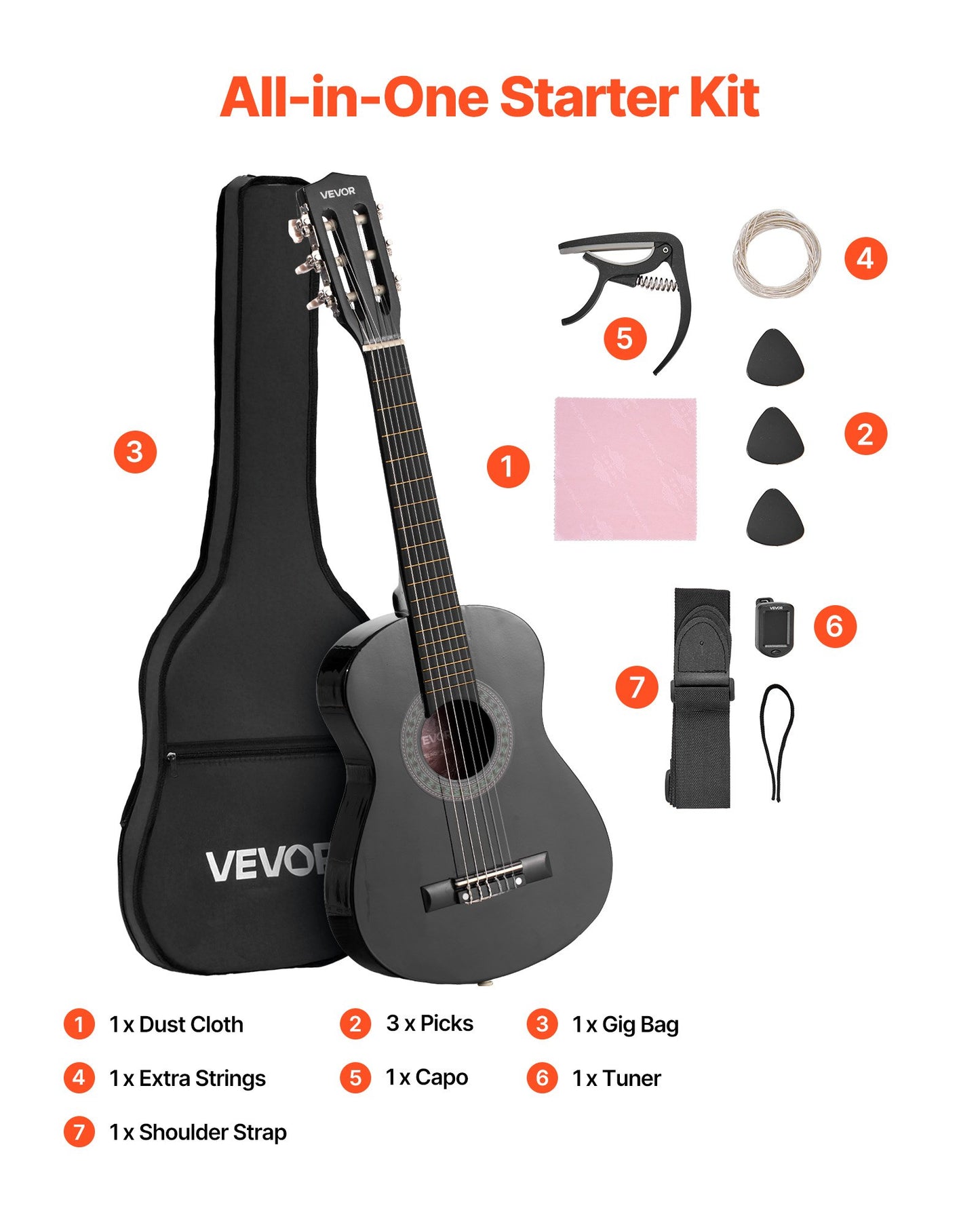 Klassisk gitarr, 780 mm, startkit för klassisk gitarr i trä för nybörjare, med nylonsträngar, gigbag, rem, stämapparat, extra strängar, plektrum, capo, linsträ, för barn flickor pojkar studenter, svart
