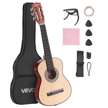 Klassisk gitarr, 780 mm, startkit för klassisk gitarr i trä för nybörjare, med nylonsträngar, gigbag, rem, stämapparat, extra strängar, plektrum, capo, linsträ, för barn flickor pojkar studenter, naturlig