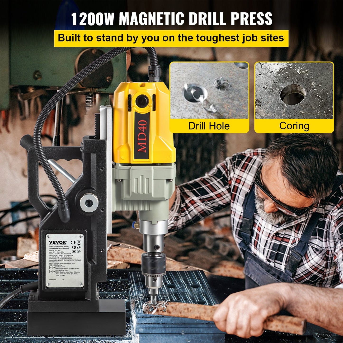 Magnetic Drill, 1100W 4 cm Boring Diameter, 2697lbf/12000N Portable Electric Mag Drill Press with 7 Bits, 580 RPM Max Speed Drilling Machine for any Surface and Home Improvement