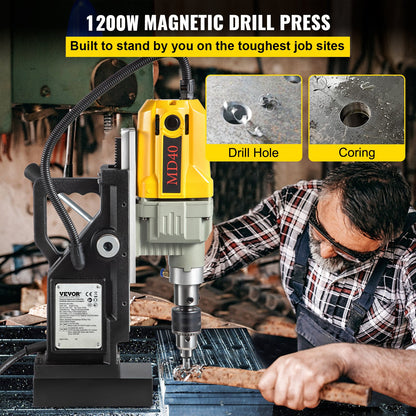 Magnetic Drill, 1100W 4 cm Boring Diameter, 2697lbf/12000N Portable Electric Mag Drill Press with 7 Bits, 580 RPM Max Speed Drilling Machine for any Surface and Home Improvement