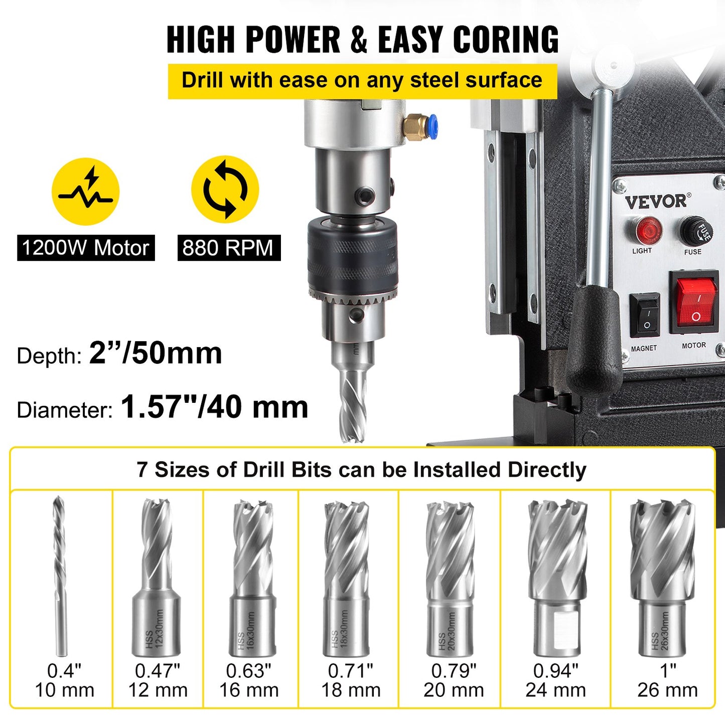 Magnetic Drill, 1100W 4 cm Boring Diameter, 2697lbf/12000N Portable Electric Mag Drill Press with 7 Bits, 580 RPM Max Speed Drilling Machine for any Surface and Home Improvement
