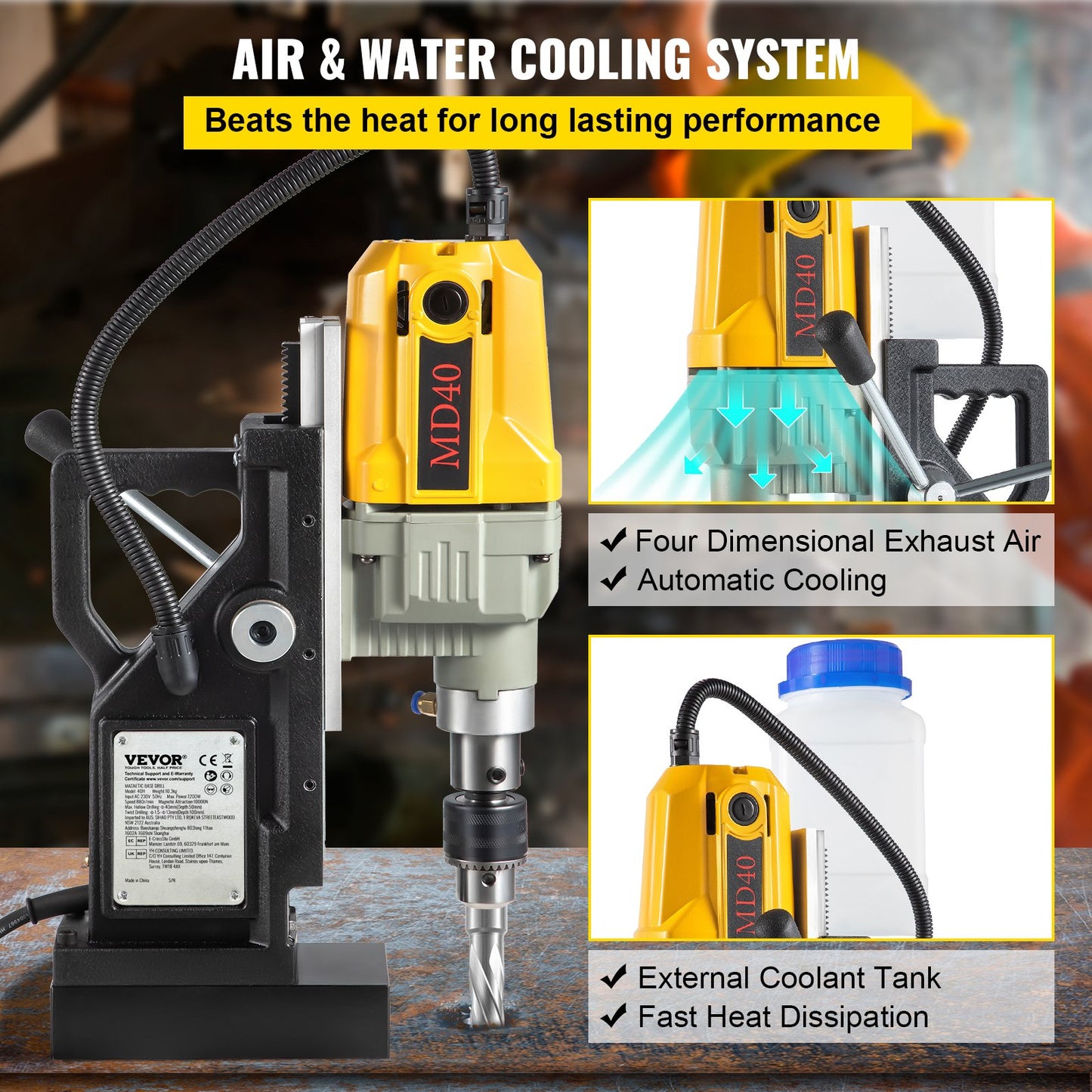 Magnetic Drill, 1100W 4 cm Boring Diameter, 2697lbf/12000N Portable Electric Mag Drill Press with 7 Bits, 580 RPM Max Speed Drilling Machine for any Surface and Home Improvement