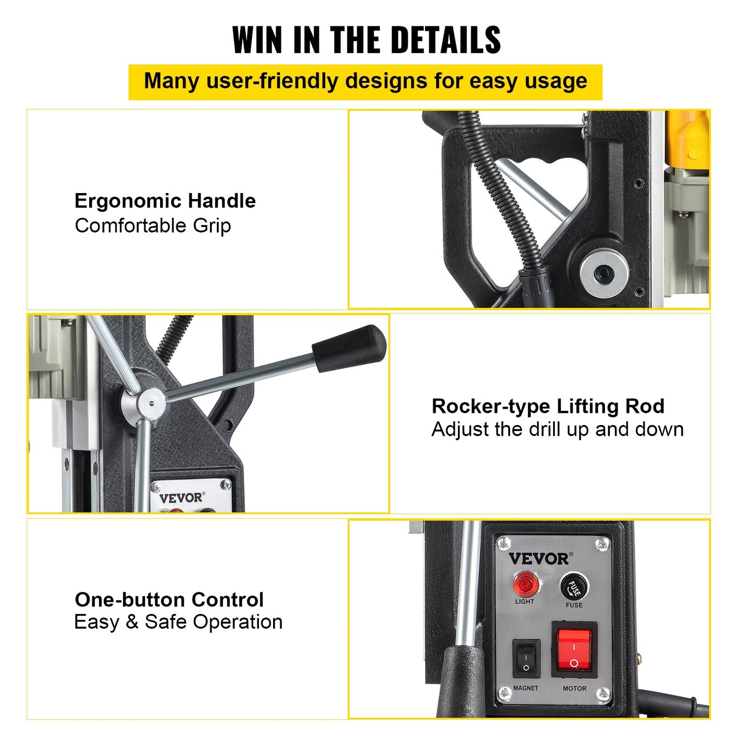 Magnetic Drill, 1100W 4 cm Boring Diameter, 2697lbf/12000N Portable Electric Mag Drill Press with 7 Bits, 580 RPM Max Speed Drilling Machine for any Surface and Home Improvement