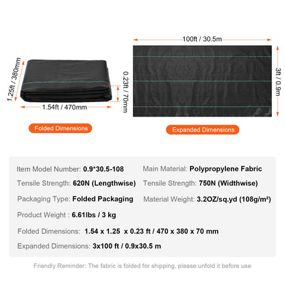 Ogrässpärrtyg för landskapsarkitektur, 3*100FT kraftig ogrästyg för trädgården, vävd PP-ogräsbekämpningstyg, uppfartstyg, geotextiltyg för landskapsarkitektur, marktäckare, ogräsmatta, svart