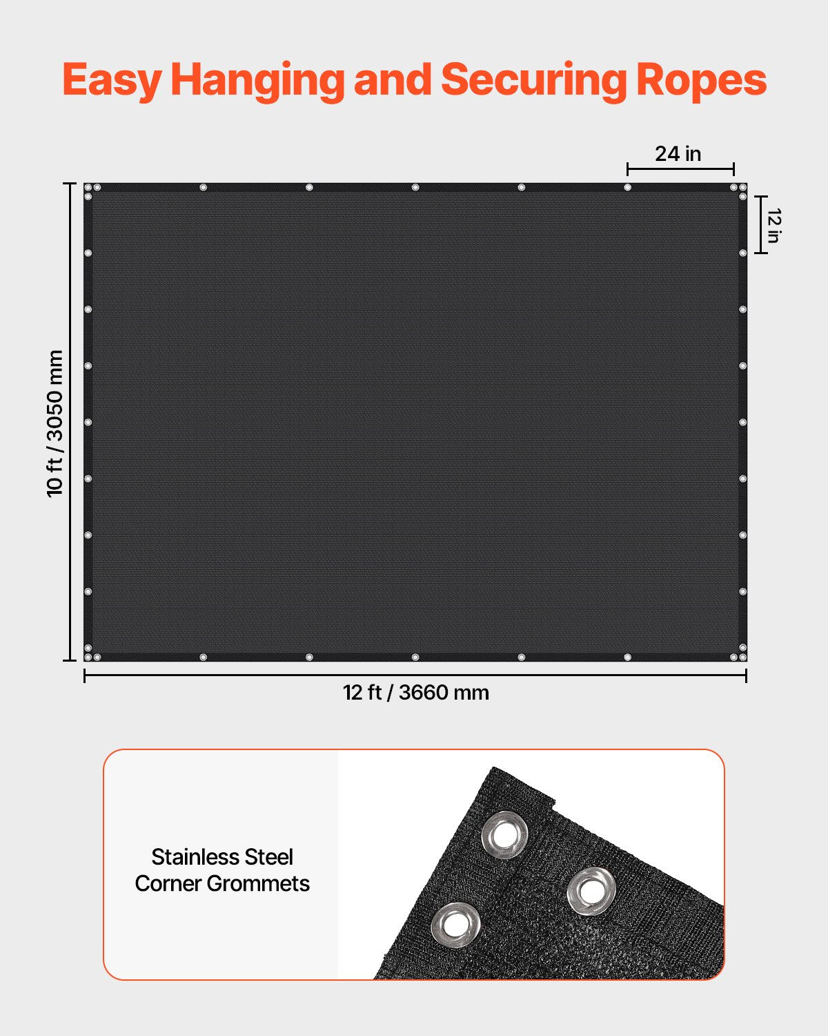 90% Sun Shade Cloth, 10 x 12 ft Pergola Shade Cover with Stainless Steel Grommets, Sun Shades Canopy Privacy Screen with 140 GSM HDPE Material, for Outdoor, Patio, Garden, and Backyard (Black)