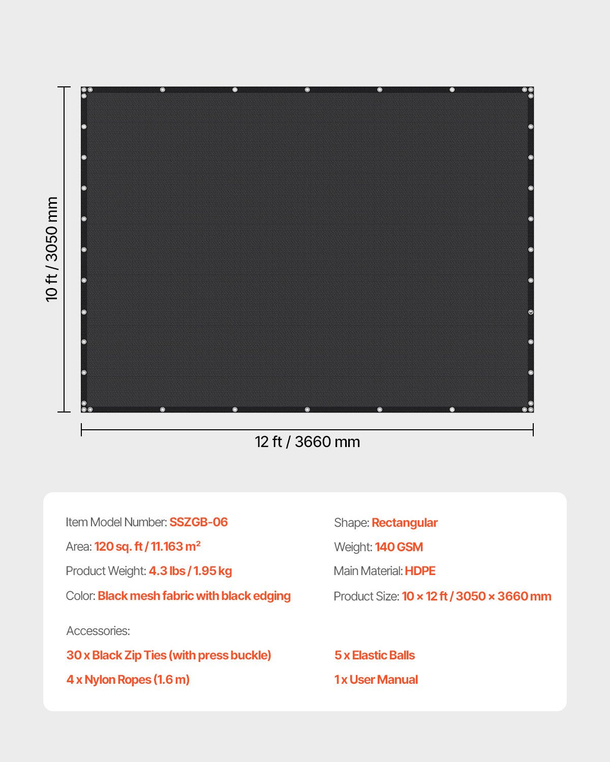 90% Sun Shade Cloth, 10 x 12 ft Pergola Shade Cover with Stainless Steel Grommets, Sun Shades Canopy Privacy Screen with 140 GSM HDPE Material, for Outdoor, Patio, Garden, and Backyard (Black)