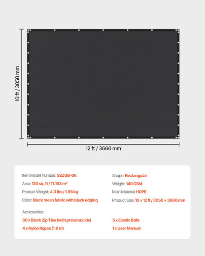 90% Sun Shade Cloth, 10 x 12 ft Pergola Shade Cover with Stainless Steel Grommets, Sun Shades Canopy Privacy Screen with 140 GSM HDPE Material, for Outdoor, Patio, Garden, and Backyard (Black)