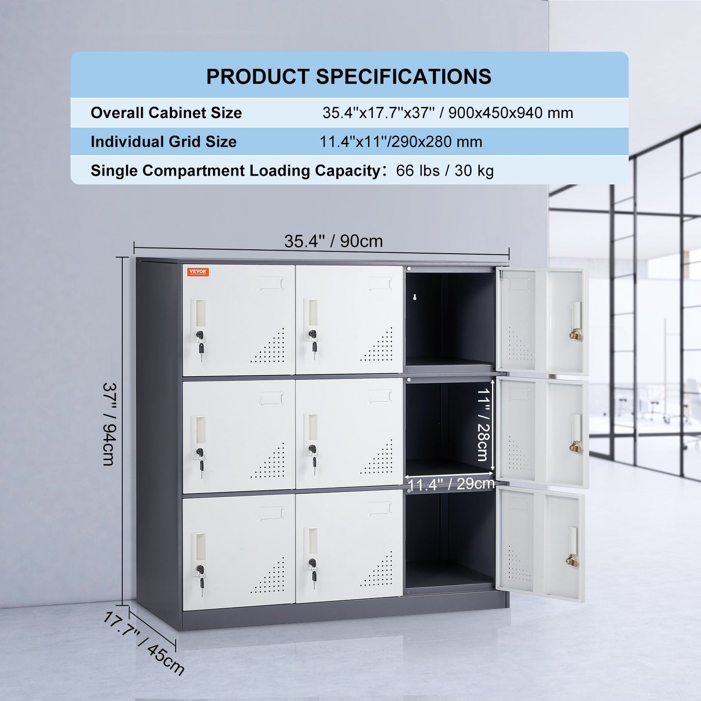 Metal Locker for Employees, 9 Doors Storage Cabinet with Card Slot, Gray Steel Employee Lockers with Keys, 66lbs Loading Capacity office Storage Lockers for Office, Home, School, Gym