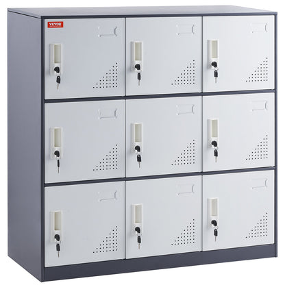 Metal Locker for Employees, 9 Doors Storage Cabinet with Card Slot, Gray Steel Employee Lockers with Keys, 66lbs Loading Capacity office Storage Lockers for Office, Home, School, Gym