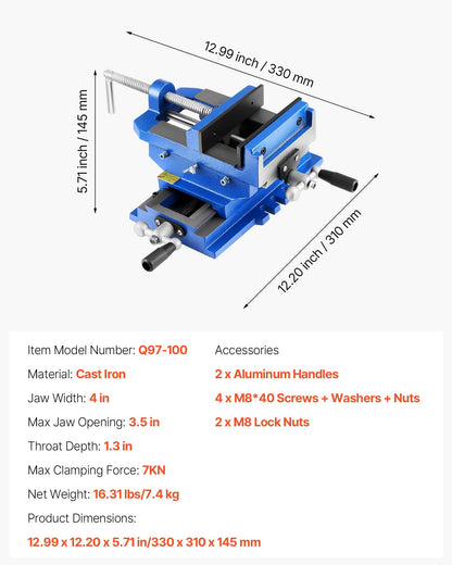 Cross Slide Drill Press Vise, 4 Inch Jaw Width, 2 Way X-Y Axis Bench Vise, 3.5 Inch Max Jaw Opening, Heavy Duty Cast Iron, Workbench Vice Clamp, for Woodworking Drilling CNC Milling Machine
