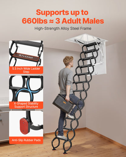 Attic Ladder, 660LBS/299.4KG Capacity, Fits 8.5 to 9.4 ft Ceiling Height and 39.4 x 27.5 inch Opening Size, Alloy Steel Pull-Down Retractable Ceiling Stair with Pulling Rod for Attic Loft Roof