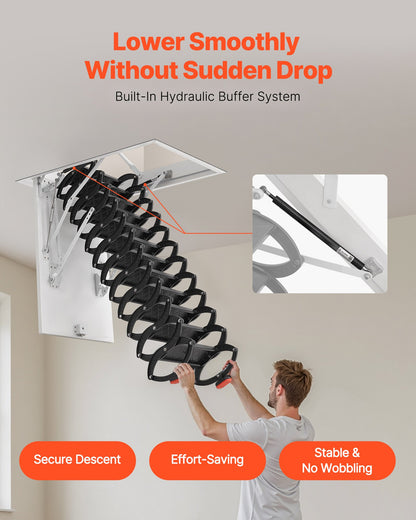Attic Ladder, 660LBS/299.4KG Capacity, Fits 8.5 to 9.4 ft Ceiling Height and 39.4 x 27.5 inch Opening Size, Alloy Steel Pull-Down Retractable Ceiling Stair with Pulling Rod for Attic Loft Roof