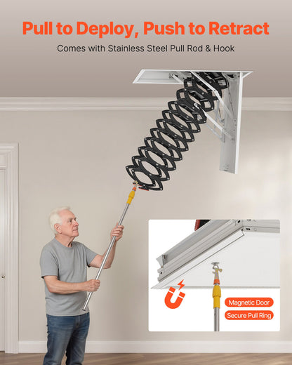 Attic Ladder, 660LBS/299.4KG Capacity, Fits 8.5 to 9.4 ft Ceiling Height and 39.4 x 27.5 inch Opening Size, Alloy Steel Pull-Down Retractable Ceiling Stair with Pulling Rod for Attic Loft Roof