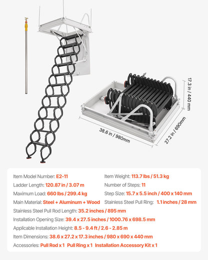 Attic Ladder, 660LBS/299.4KG Capacity, Fits 8.5 to 9.4 ft Ceiling Height and 39.4 x 27.5 inch Opening Size, Alloy Steel Pull-Down Retractable Ceiling Stair with Pulling Rod for Attic Loft Roof
