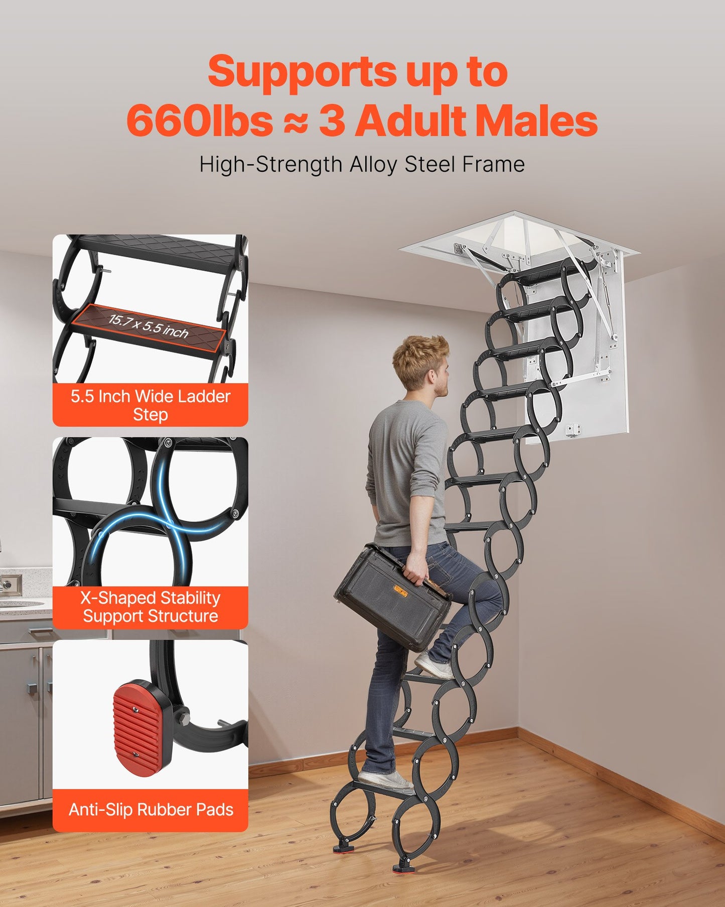 Attic Ladder, 660LBS/299.4KG Capacity, Fits 9.5 to 10.2 ft Ceiling Height and 39.4 x 27.5 inch Opening Size, Alloy Steel Pull-Down Retractable Ceiling Stair with Pulling Rod for Attic Loft Roof