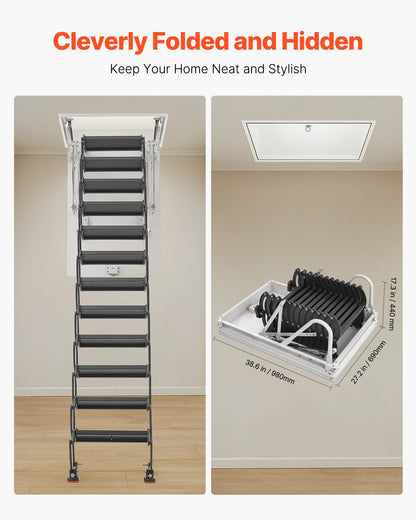 Attic Ladder, 660LBS/299.4KG Capacity, Fits 9.5 to 10.2 ft Ceiling Height and 39.4 x 27.5 inch Opening Size, Alloy Steel Pull-Down Retractable Ceiling Stair with Pulling Rod for Attic Loft Roof